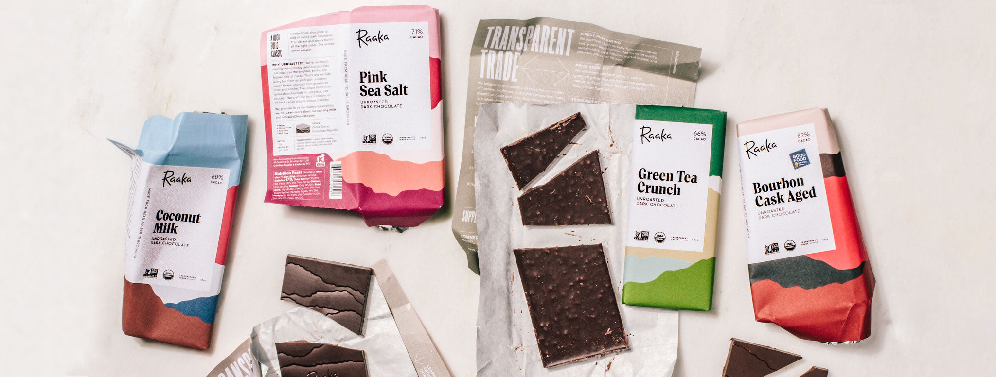 Assorted Raaka chocolate bars and wrappers